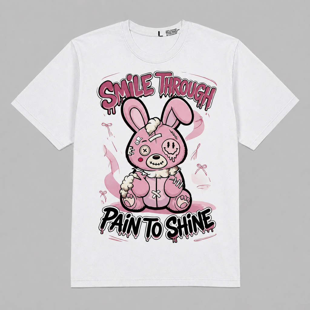 Dunk Low “Pink Red White Hahariot Shirt "Smile Through Pain to Shine" Pink Bunny Graphic Oversized T-Shirt – Vintage Streetwear