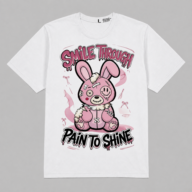 Dunk Low “Pink Red White Hahariot Shirt "Smile Through Pain to Shine" Pink Bunny Graphic Oversized T-Shirt – Vintage Streetwear Hover Image