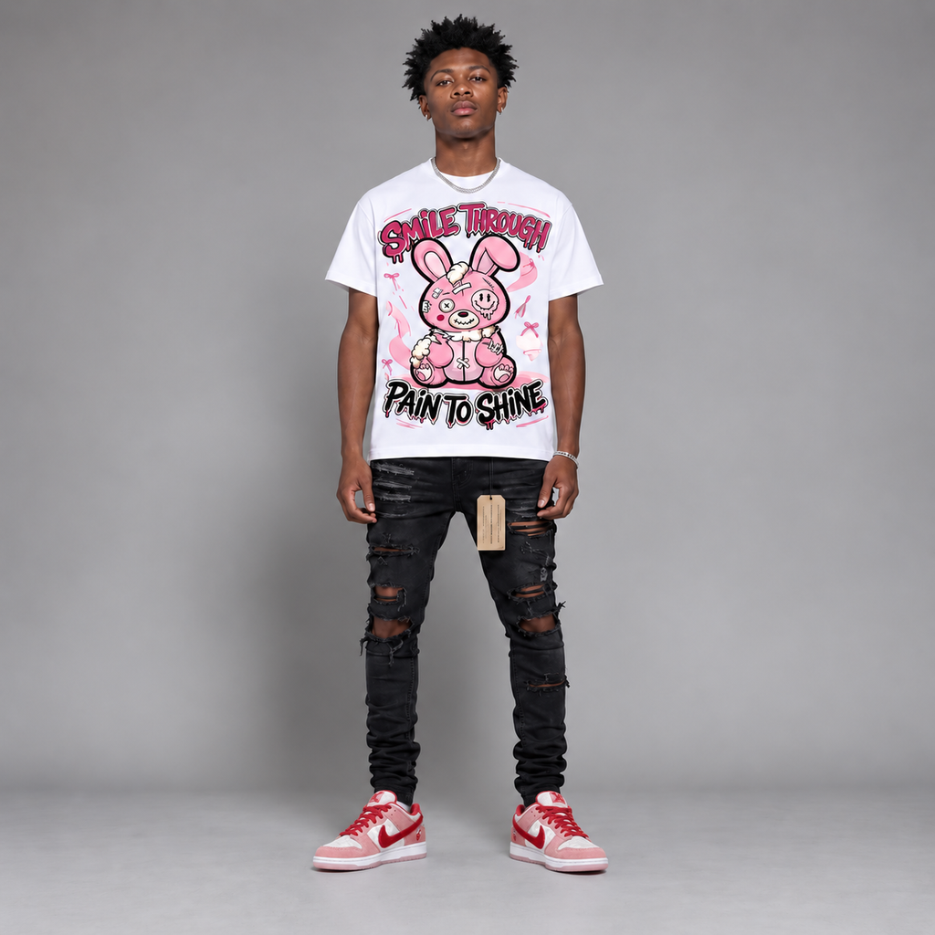 Dunk Low “Pink Red White Hahariot Shirt "Smile Through Pain to Shine" Pink Bunny Graphic Oversized T-Shirt – Vintage Streetwear