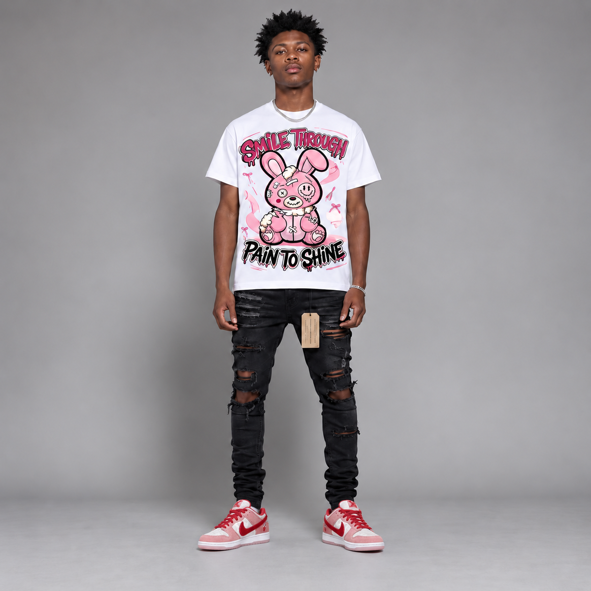 Dunk Low “Pink Red White Hahariot Shirt "Smile Through Pain to Shine" Pink Bunny Graphic Oversized T-Shirt – Vintage Streetwear