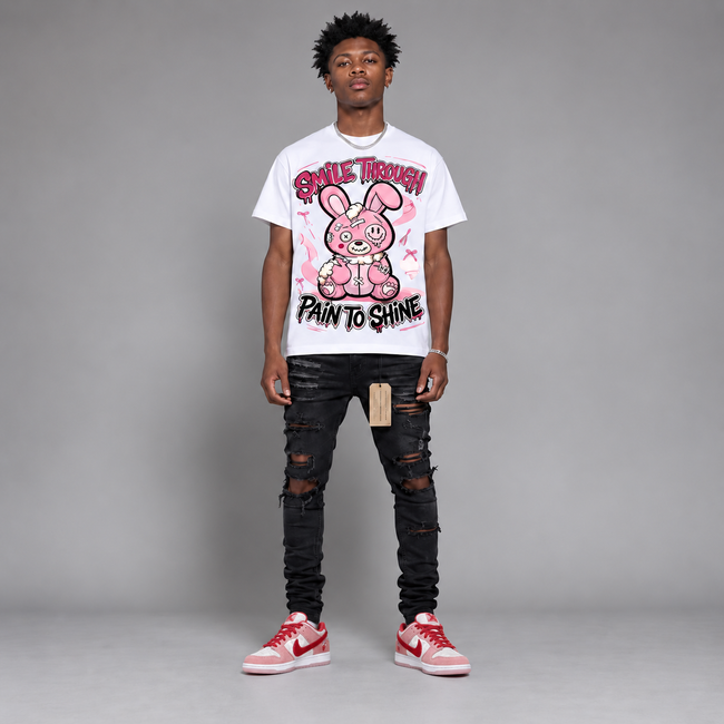 Dunk Low “Pink Red White Hahariot Shirt "Smile Through Pain to Shine" Pink Bunny Graphic Oversized T-Shirt – Vintage Streetwear Main Image