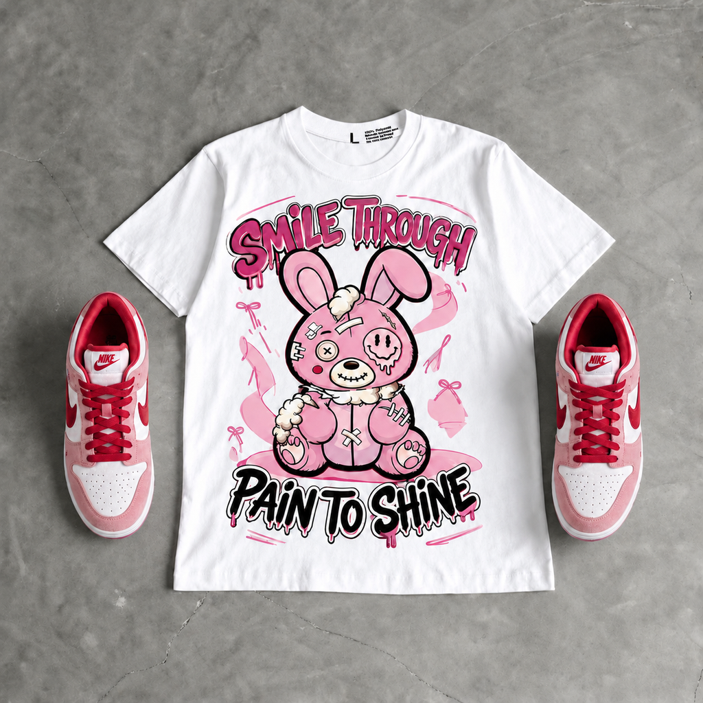 Dunk Low “Pink Red White Hahariot Shirt "Smile Through Pain to Shine" Pink Bunny Graphic Oversized T-Shirt – Vintage Streetwear