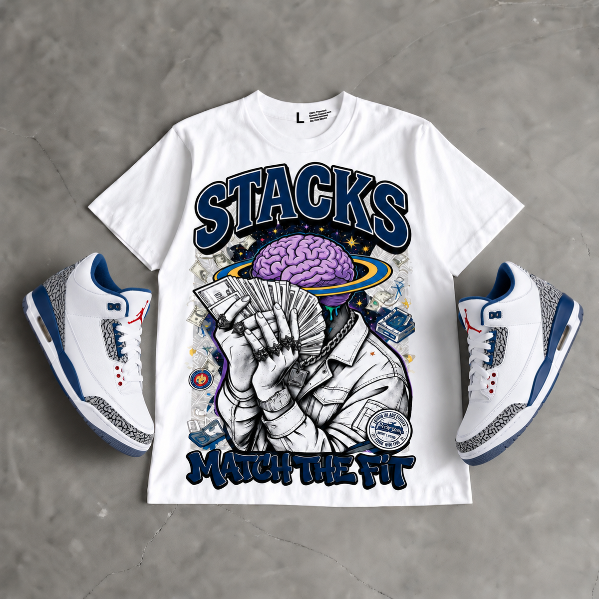 AJ3 Retro 'True Blue' Hahariot Shirt Stacks 'Match The Fit' Graphic Oversized T-Shirt – Vintage Streetwear