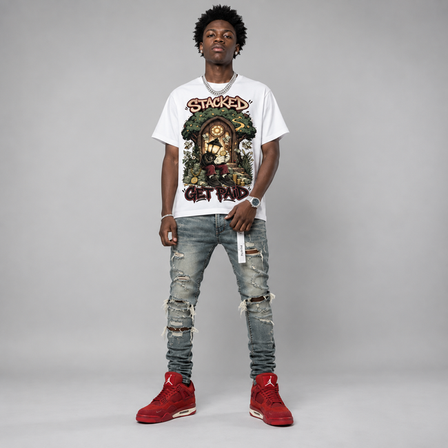 AJ4 SP x Nigel Sylvester 'Brick By Brick' Hahariot Shirt Stacked Forest Door Illustration Graphic Oversized T-Shirt – Vintage Streetwear Main Image