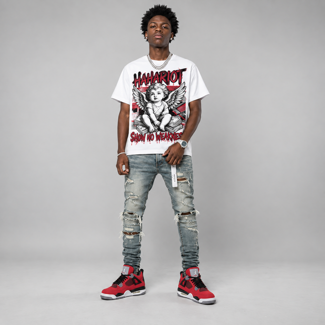 AJ4 Retro "Toro Bravo" Hahariot Shirt Show No Weakness Angel Graphic Oversized T-Shirt – Vintage Streetwear Main Image