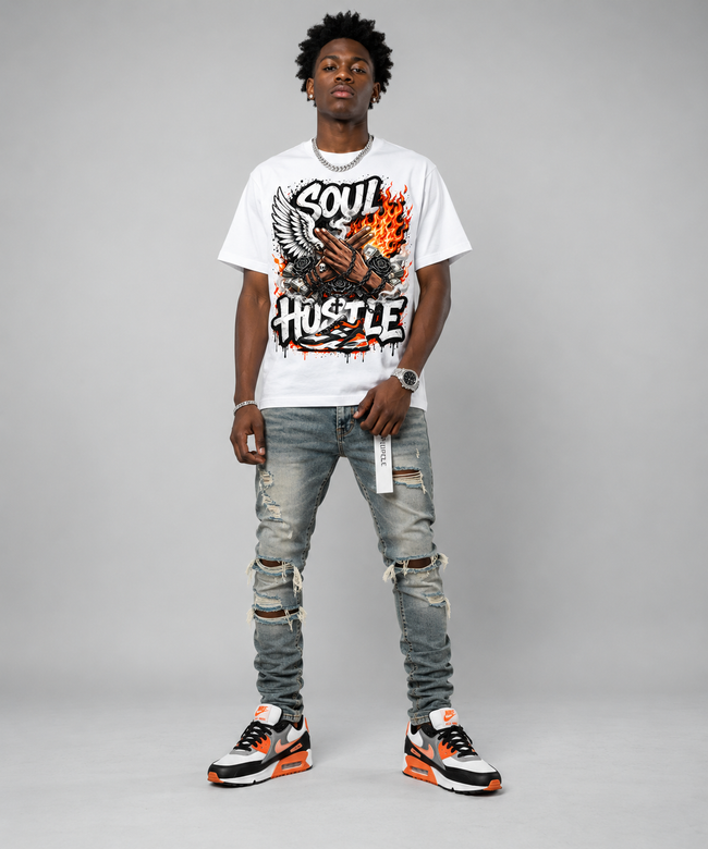 Air Max 90 Black/White/Orange Hahariot Shirt Soul Hustle Graphic Oversized T-Shirt – Vintage Streetwear Main Image