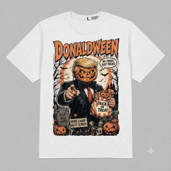 Donaldween Halloween Trick or Treat Pumpkin Graphic Oversized T-Shirt – Vintage Streetwear Hover Image