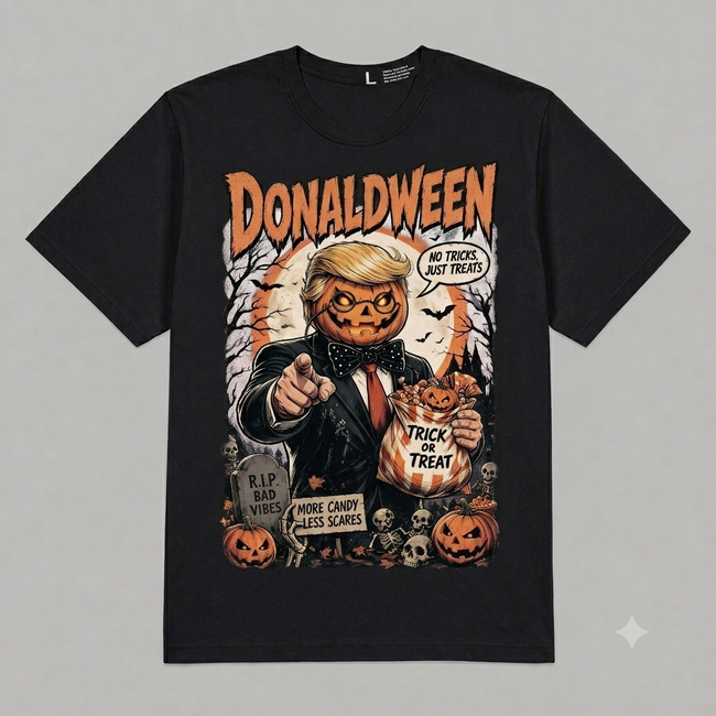 Donaldween Halloween Trick or Treat Pumpkin Graphic Oversized T-Shirt – Vintage Streetwear Main Image