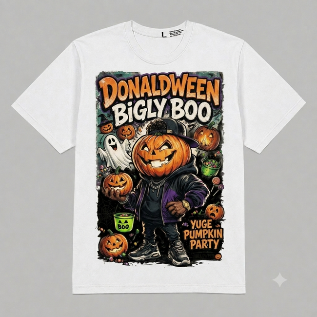 Halloween Pumpkin "Donaldween Bigly Boo" Graphic Oversized T-Shirt – Vintage Streetwear Hover Image
