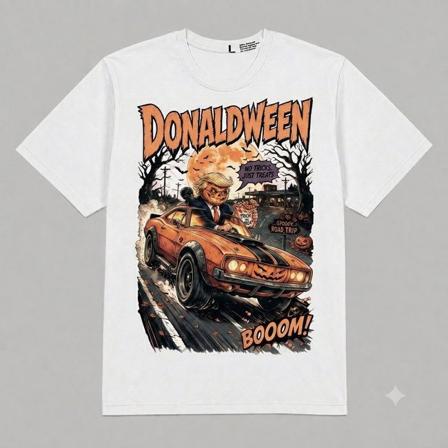 Donaldween Retro Horror Car Chase Halloween Graphic Oversized T-Shirt – Vintage Streetwear Hover Image