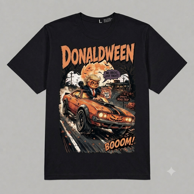 Donaldween Retro Horror Car Chase Halloween Graphic Oversized T-Shirt – Vintage Streetwear Main Image