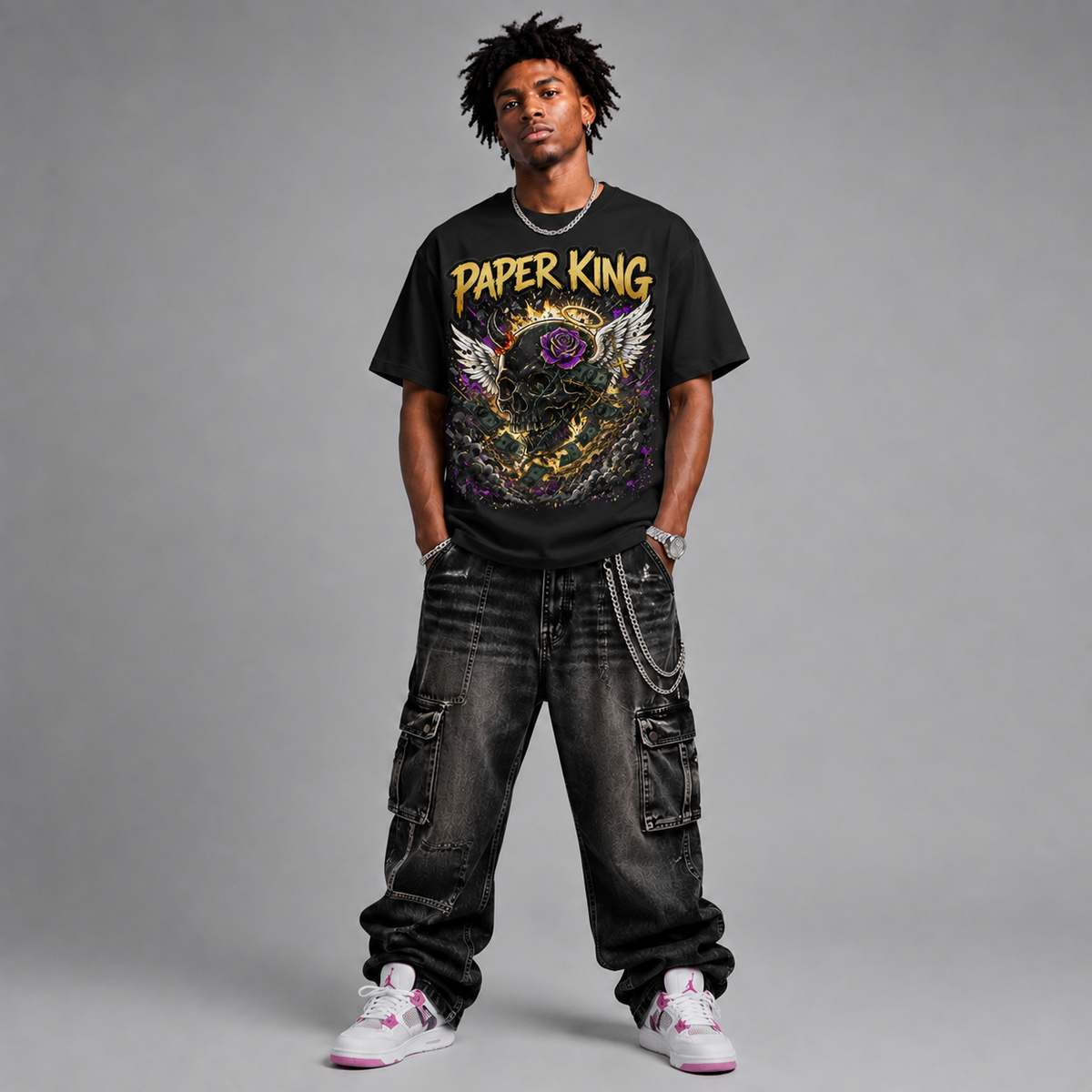 Paper King Skull, Wings Graphic Oversized T-Shirt – Vintage Streetwear