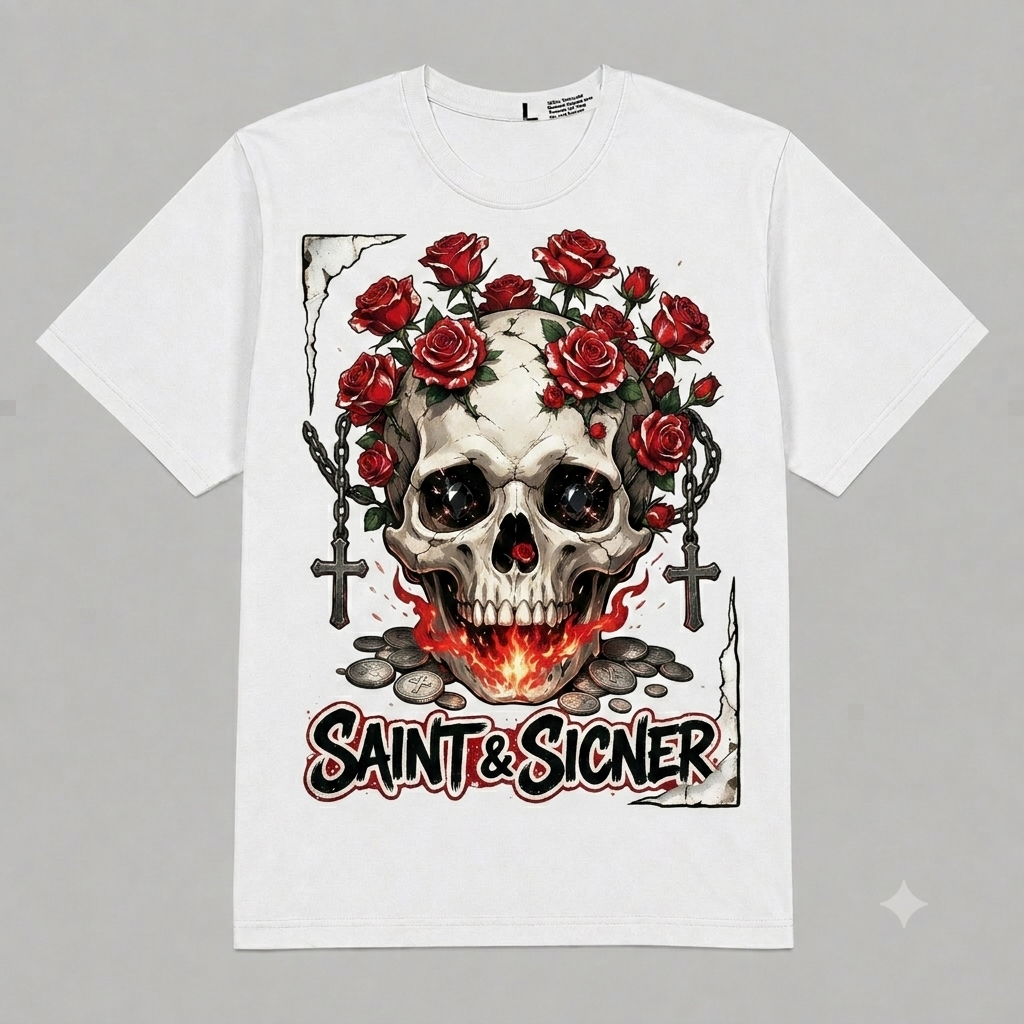 Skull & Roses "Saint & Sinner" Graphic Oversized T-Shirt – Vintage Streetwear