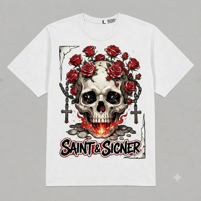 Skull & Roses "Saint & Sinner" Graphic Oversized T-Shirt – Vintage Streetwear Hover Image