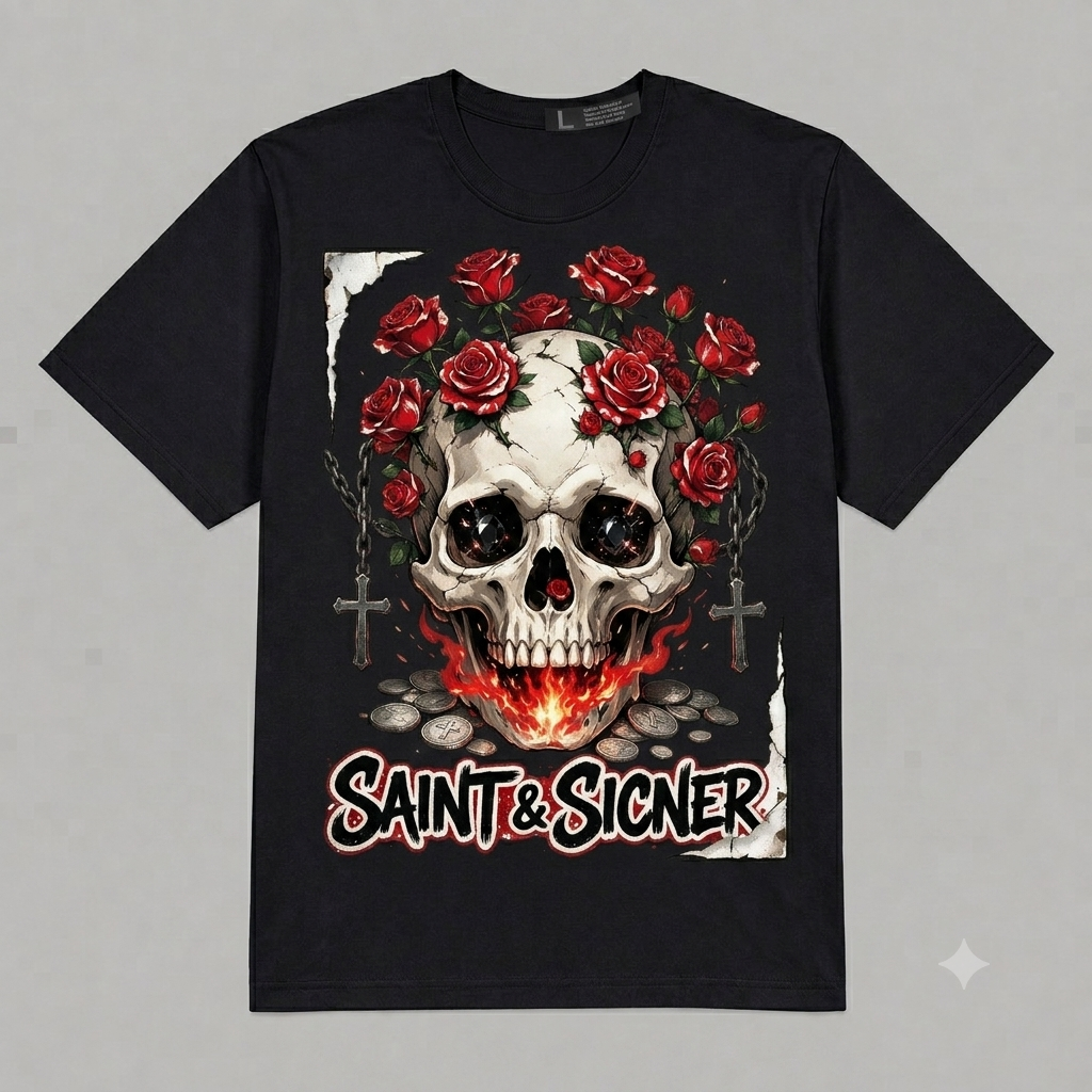 Skull & Roses "Saint & Sinner" Graphic Oversized T-Shirt – Vintage Streetwear