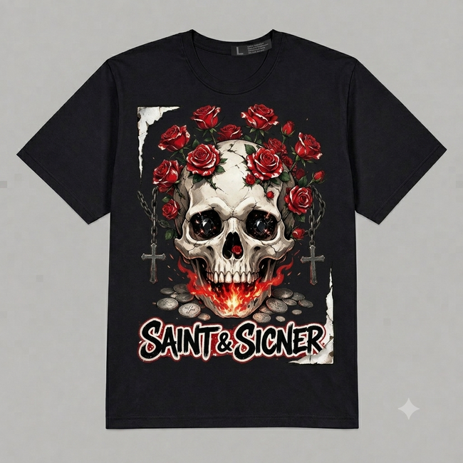 Skull & Roses "Saint & Sinner" Graphic Oversized T-Shirt – Vintage Streetwear Main Image