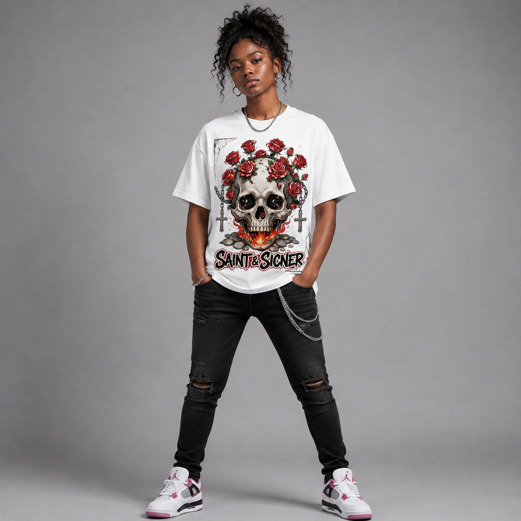 Skull & Roses "Saint & Sinner" Graphic Oversized T-Shirt – Vintage Streetwear