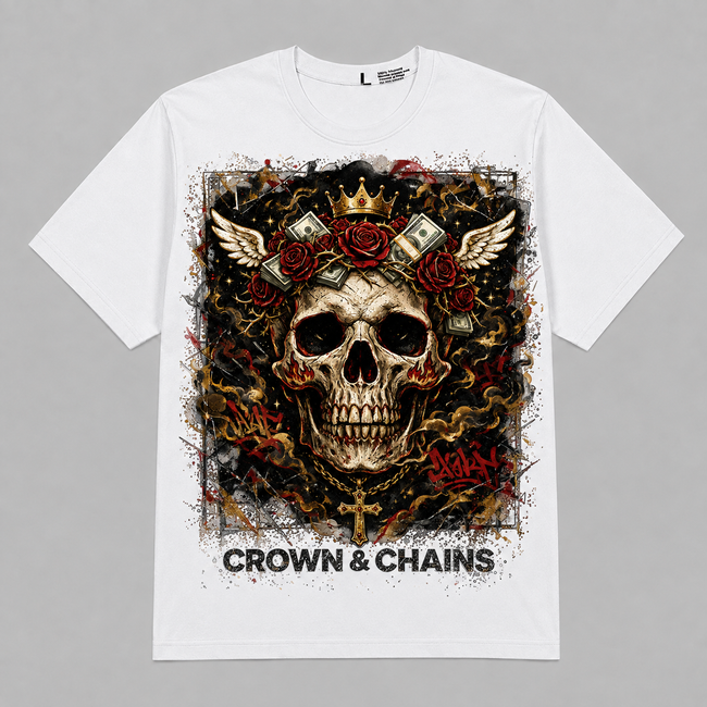 Skull & Roses "Crown & Chains" Graphic Oversized T-Shirt – Vintage Streetwear Hover Image