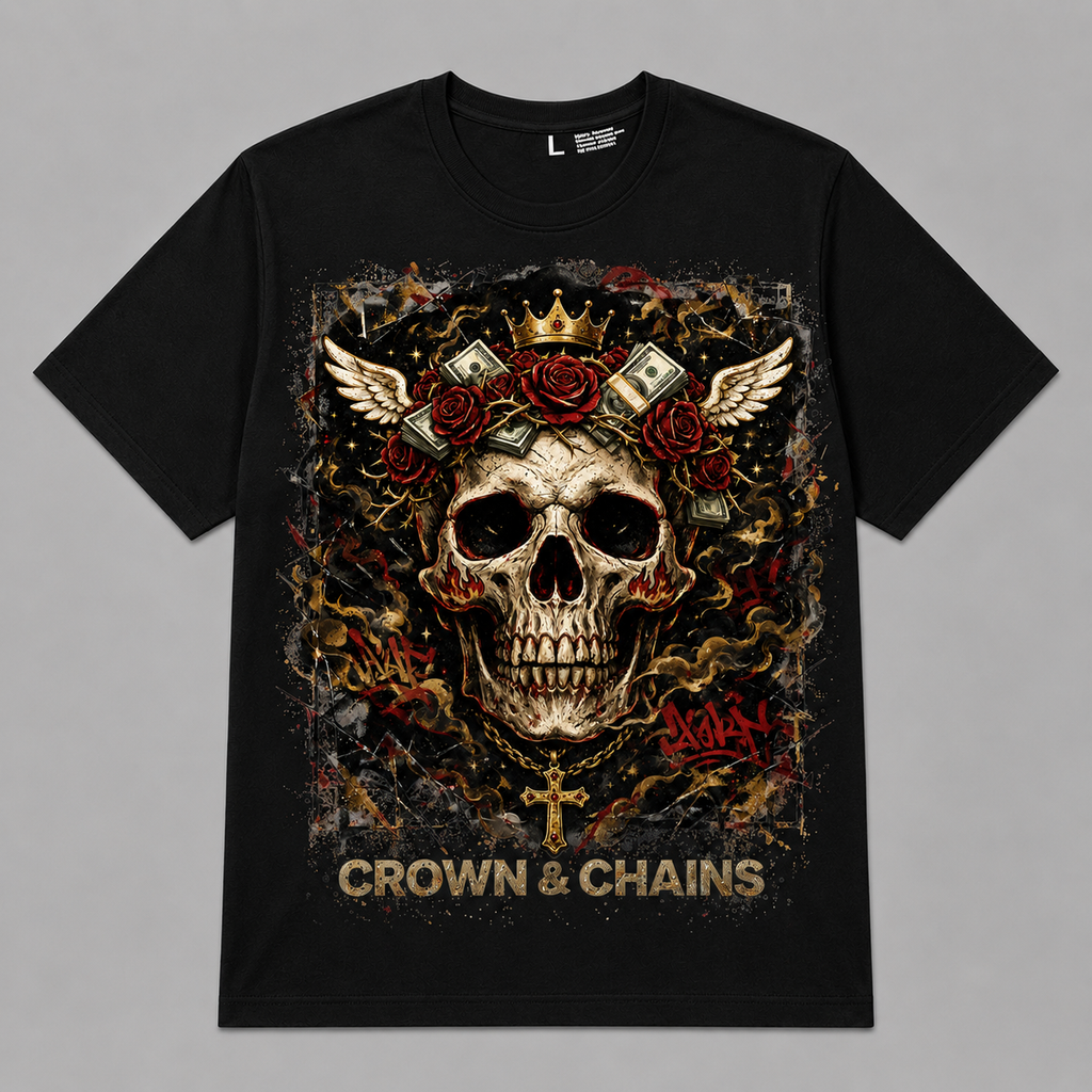Skull & Roses "Crown & Chains" Graphic Oversized T-Shirt – Vintage Streetwear