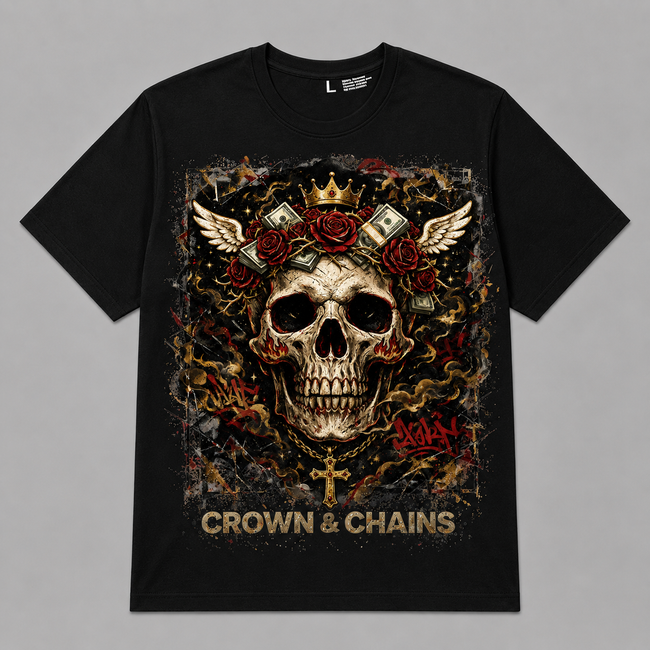 Skull & Roses "Crown & Chains" Graphic Oversized T-Shirt – Vintage Streetwear Main Image