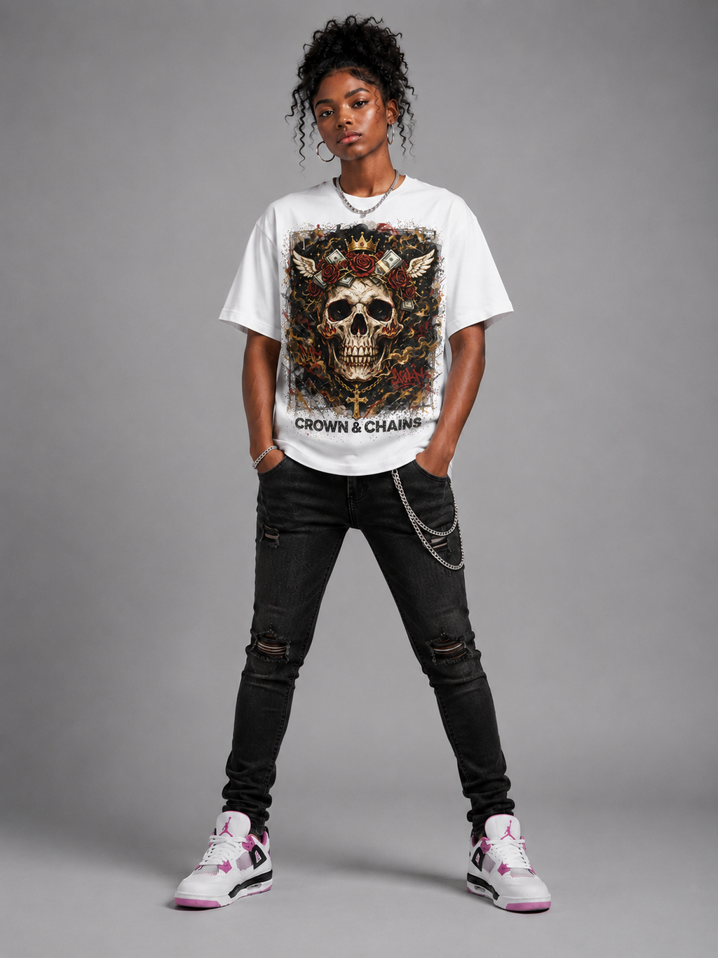 Skull & Roses "Crown & Chains" Graphic Oversized T-Shirt – Vintage Streetwear