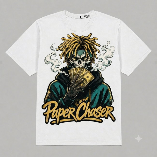 "Paper Chaser" Skull Money Graphic Oversized T-Shirt – Vintage Streetwear Hover Image