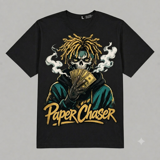 "Paper Chaser" Skull Money Graphic Oversized T-Shirt – Vintage Streetwear Main Image