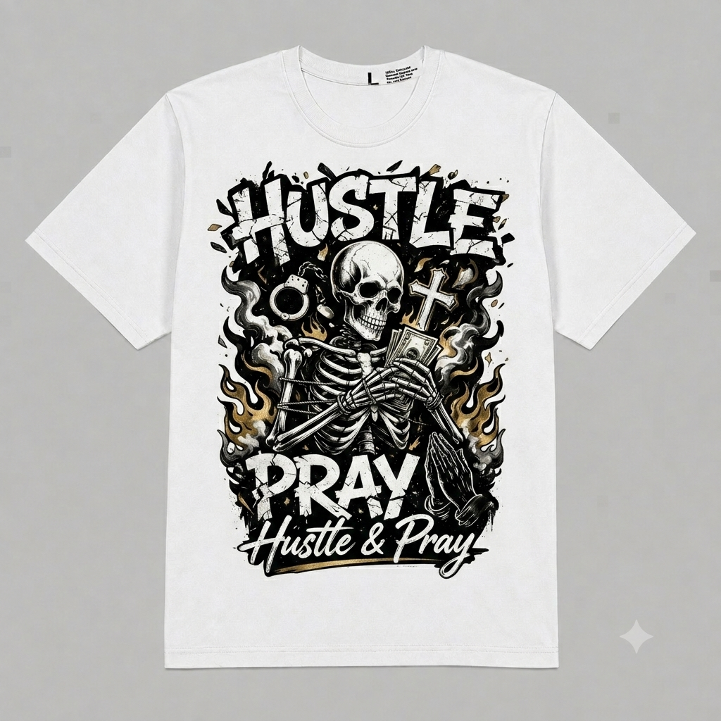 Hustle & Pray Skull Graphic Oversized T-Shirt – Vintage Streetwear