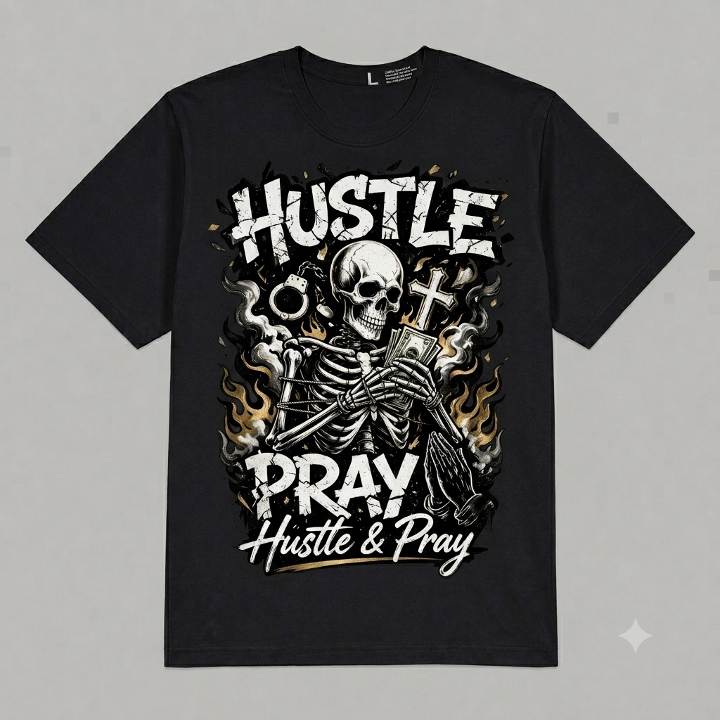 Hustle & Pray Skull Graphic Oversized T-Shirt – Vintage Streetwear