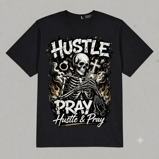 Hustle & Pray Skull Graphic Oversized T-Shirt – Vintage Streetwear Main Image