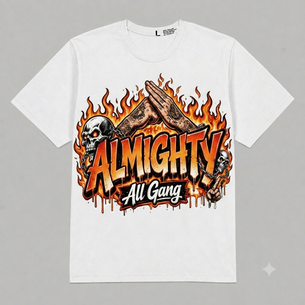 Almighty All Gang Flame Graphic Oversized T-Shirt – Vintage Streetwear
