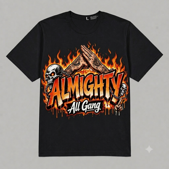 Almighty All Gang Flame Graphic Oversized T-Shirt – Vintage Streetwear Main Image