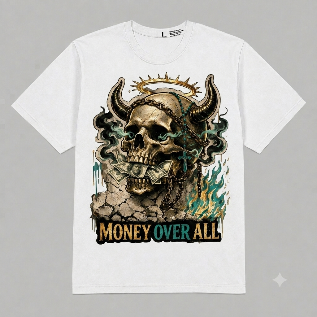Skull "Money Over All" Graphic Oversized T-Shirt – Vintage Streetwear