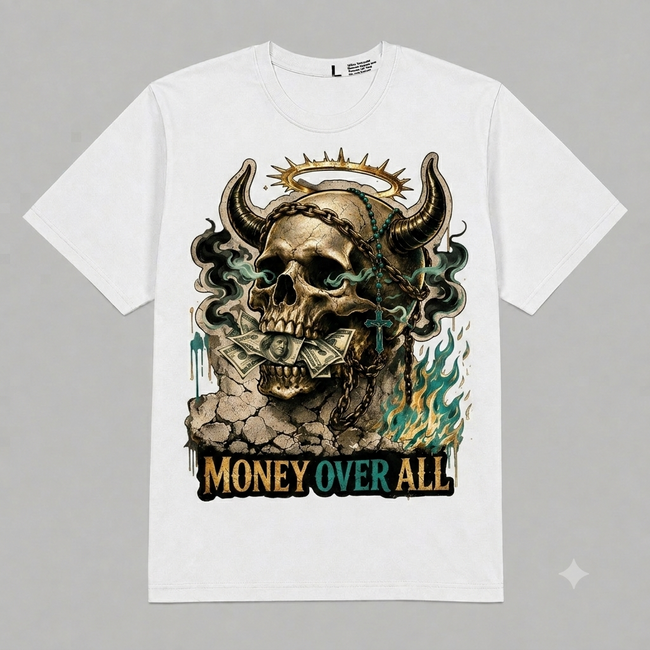 Skull "Money Over All" Graphic Oversized T-Shirt – Vintage Streetwear Hover Image