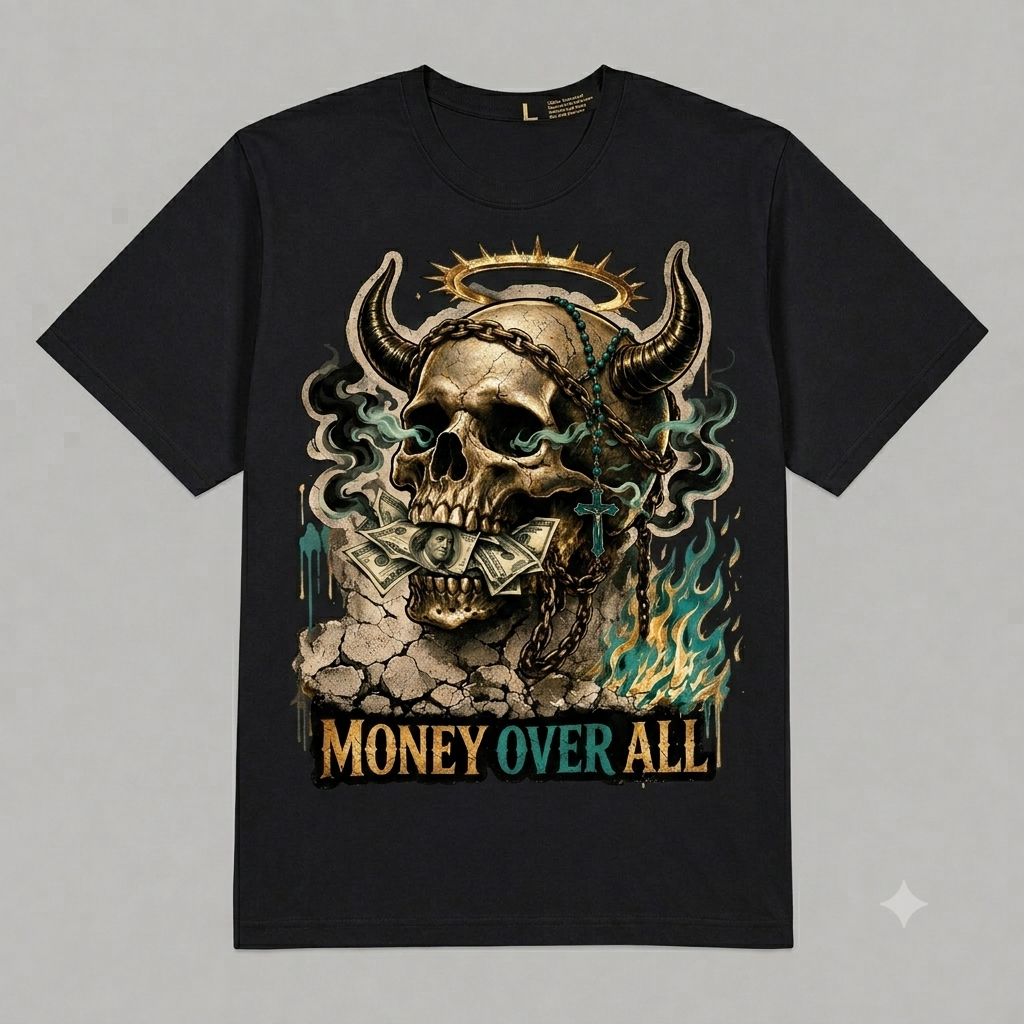 Skull "Money Over All" Graphic Oversized T-Shirt – Vintage Streetwear