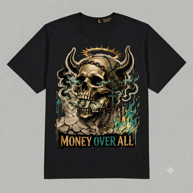 Skull "Money Over All" Graphic Oversized T-Shirt – Vintage Streetwear Main Image