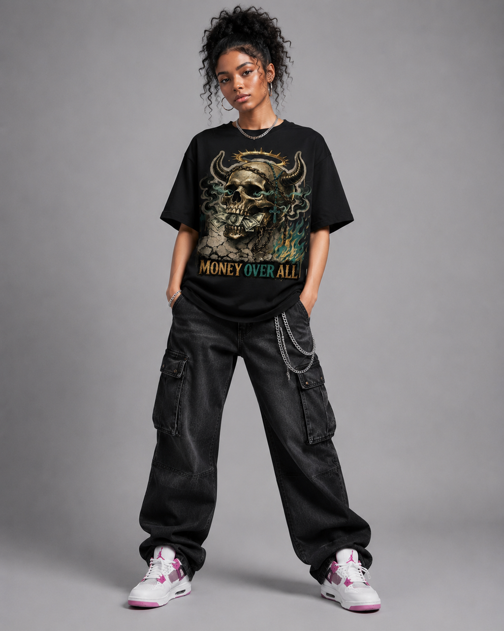Skull "Money Over All" Graphic Oversized T-Shirt – Vintage Streetwear