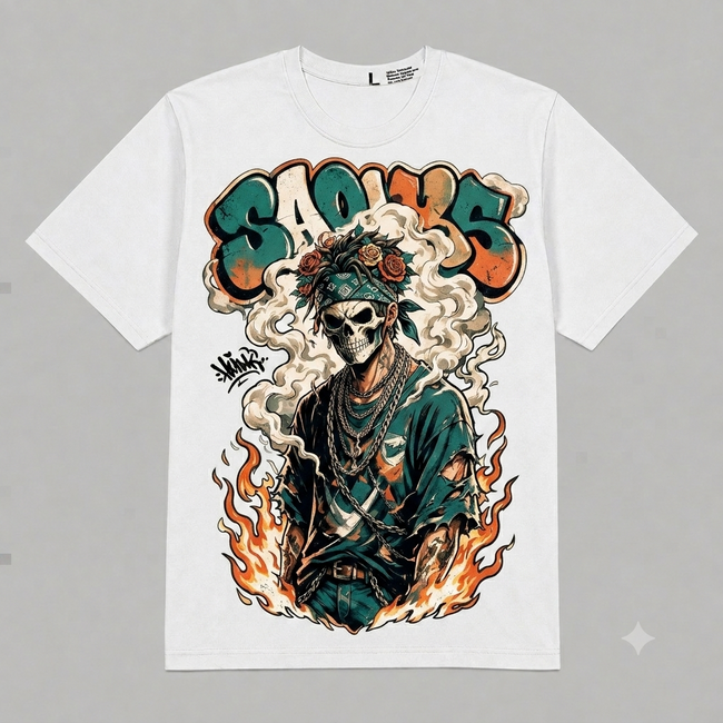 'Souls' Flaming Skull Graphic Oversized T-Shirt – Vintage Streetwear Hover Image