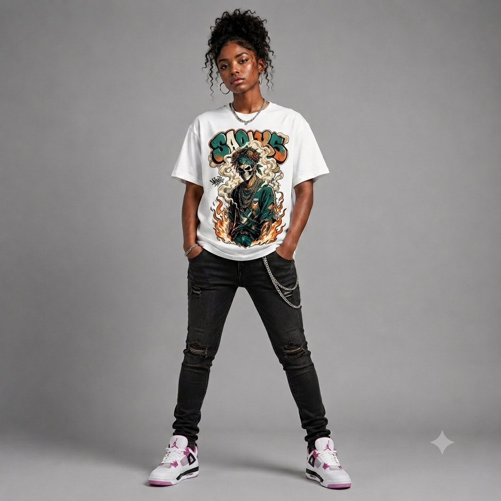 'Souls' Flaming Skull Graphic Oversized T-Shirt – Vintage Streetwear