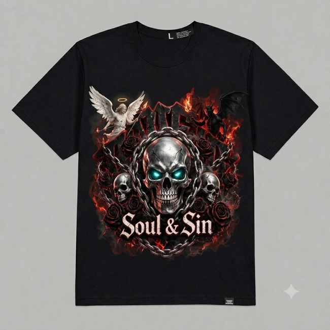 Skull & Flames "Soul & Sin" Oversized T-Shirt – Vintage Streetwear Main Image